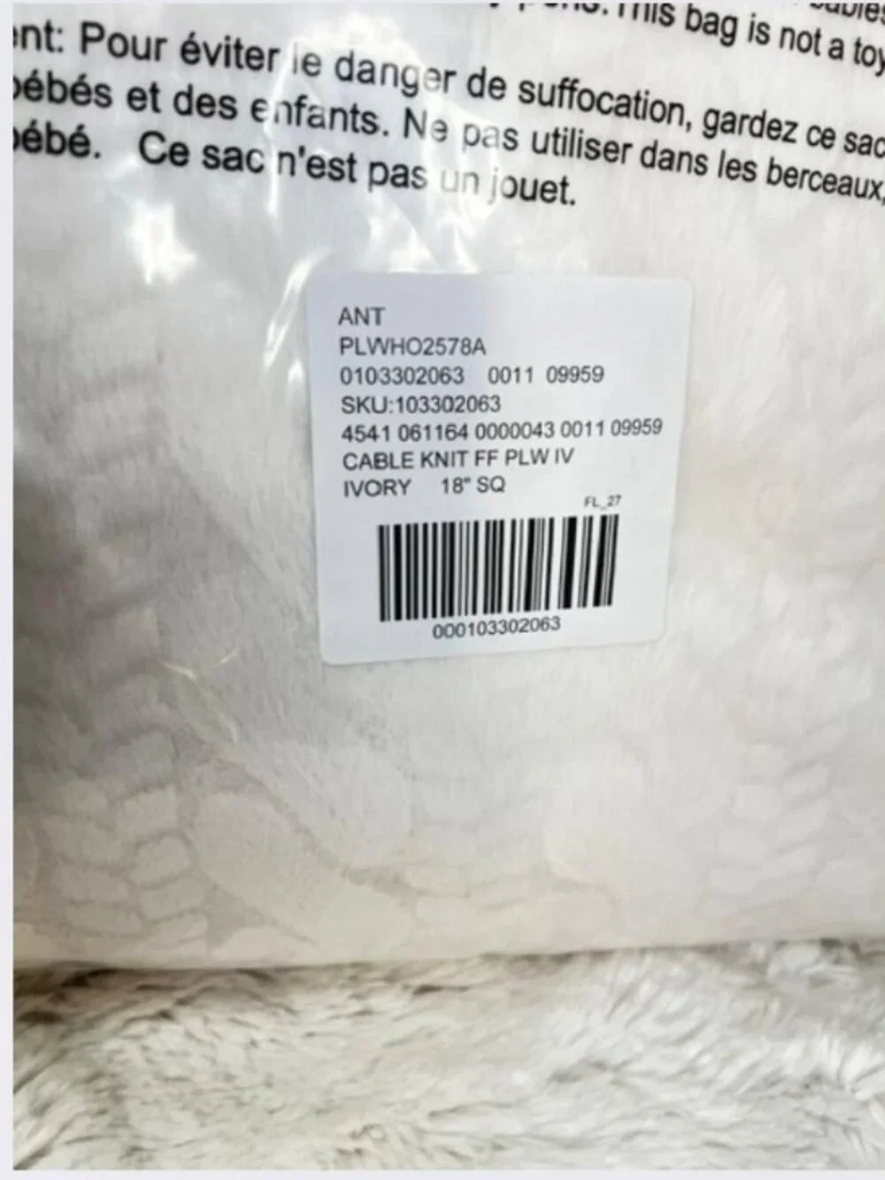 Anthropologie Faux Fur Cable-Knit  Sweater Pillow in Ivory 18” x 18” – NWT